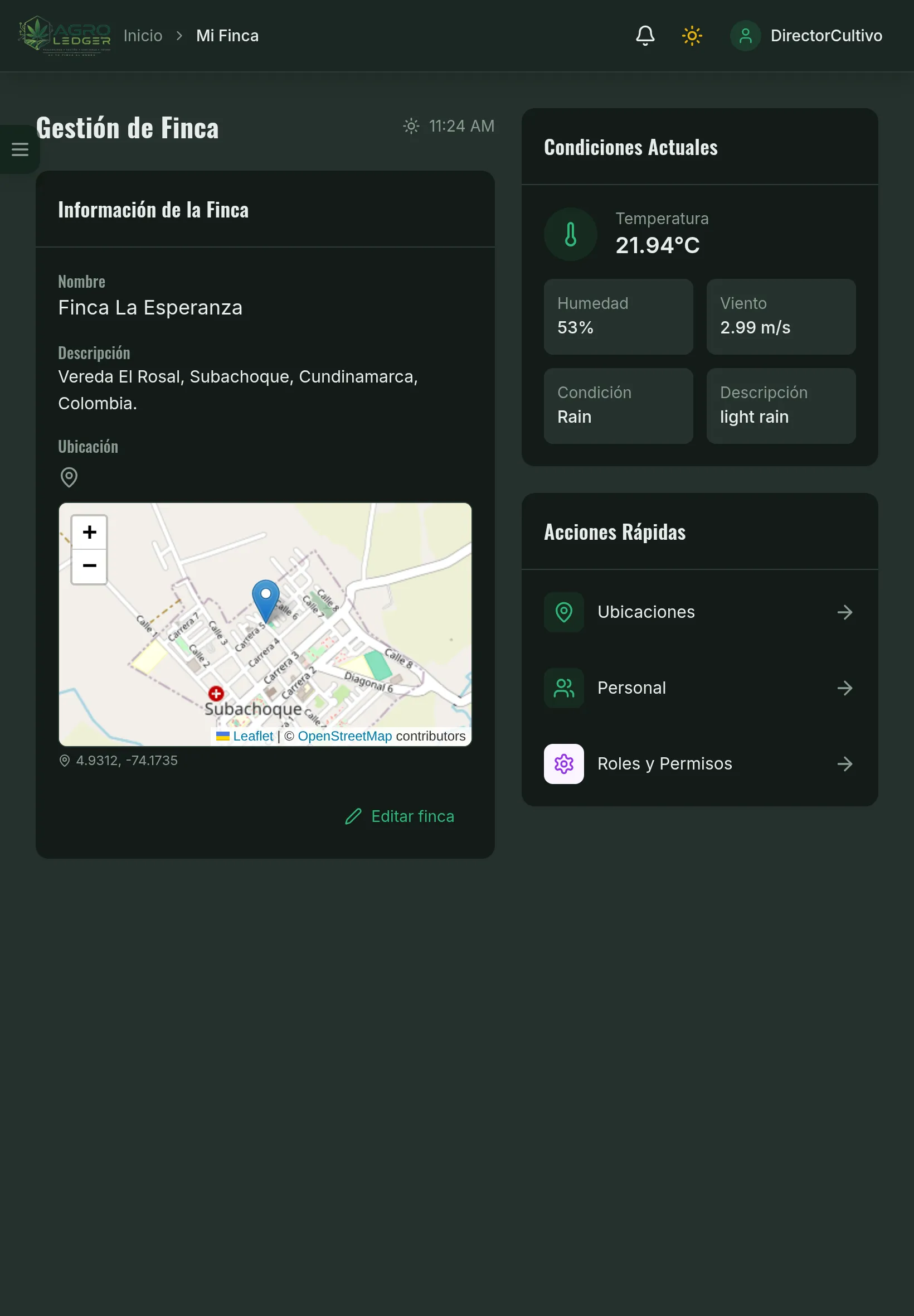 Ficha de la finca con mapa, clima actual y acciones rápidas (Tablet)