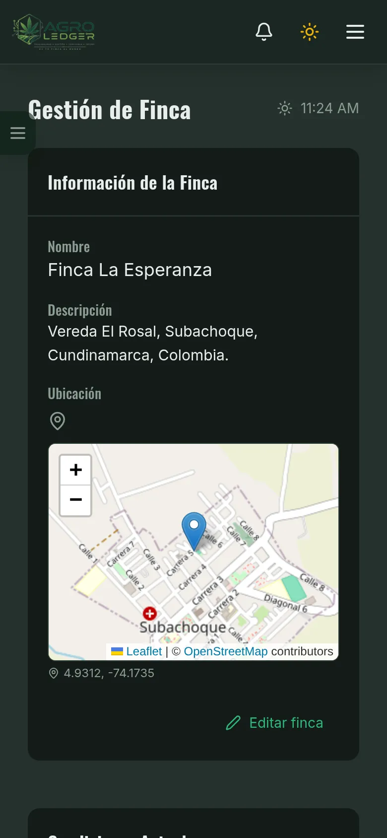 Ficha de la finca con mapa, clima actual y acciones rápidas (Móvil)