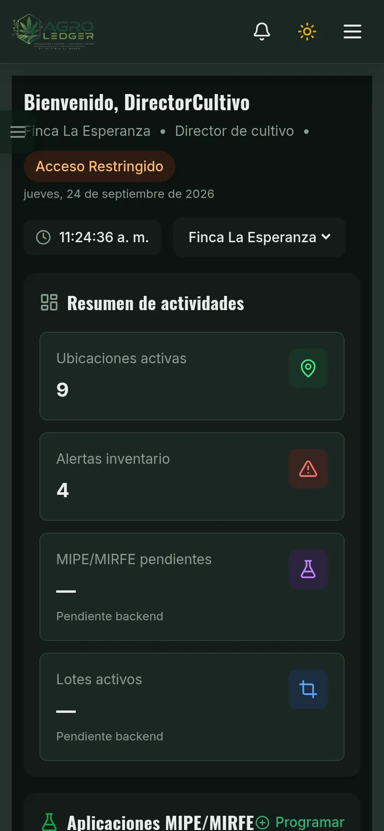 Panel de inicio de Agro Ledger con resumen de actividades y alertas (Móvil)