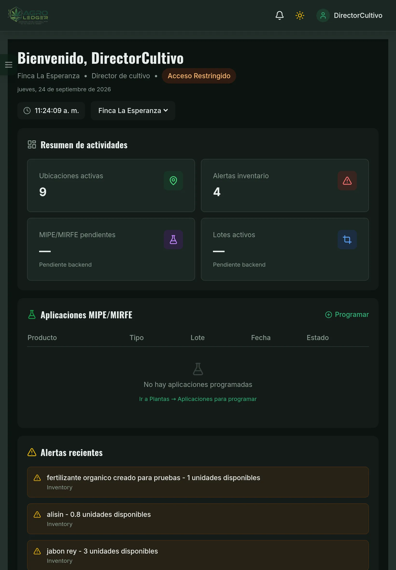 Panel de inicio de Agro Ledger con resumen de actividades y alertas (Tablet)