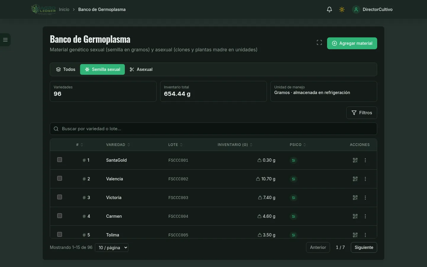 Banco de germoplasma con variedades, lotes e inventario en gramos (PC)