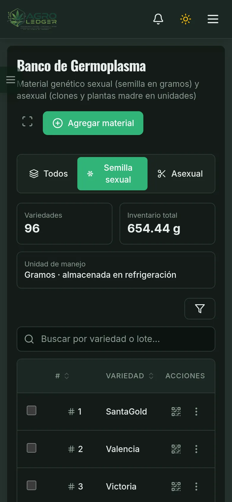 Banco de germoplasma con variedades, lotes e inventario en gramos (Móvil)